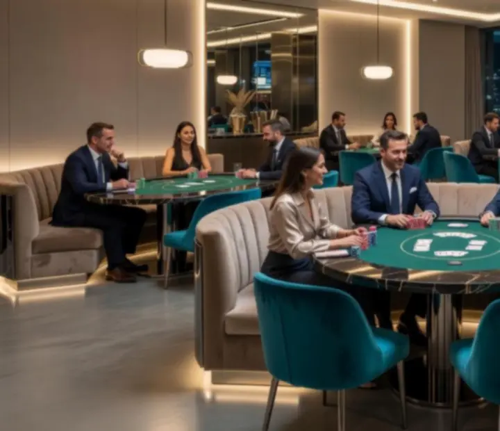 Interiér Metro Casina ve stylu moderní casino restaurace se světlým městským designem.