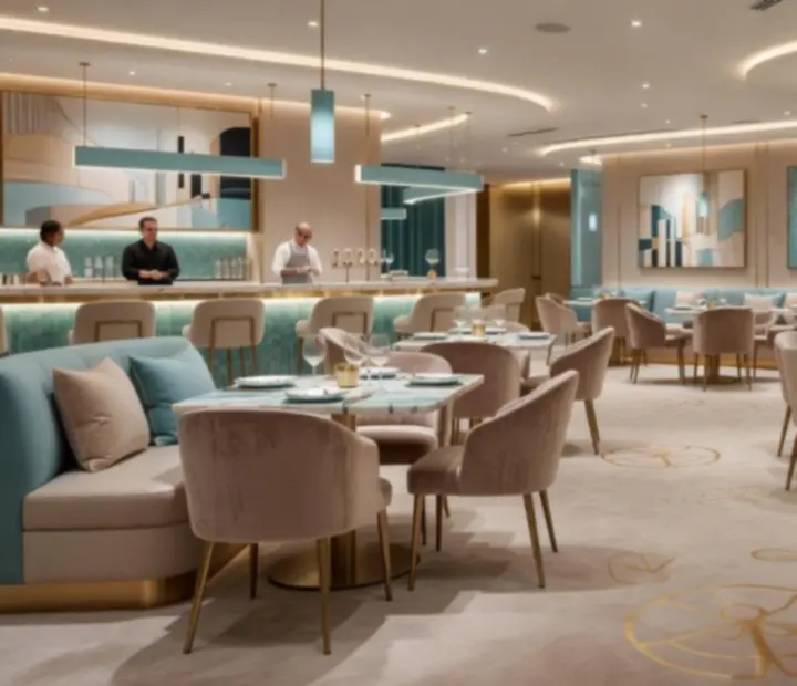 Stylově nasvícené stoly s jídlem a koktejly v elegantním casino prostředí restaurace Metro Casina.