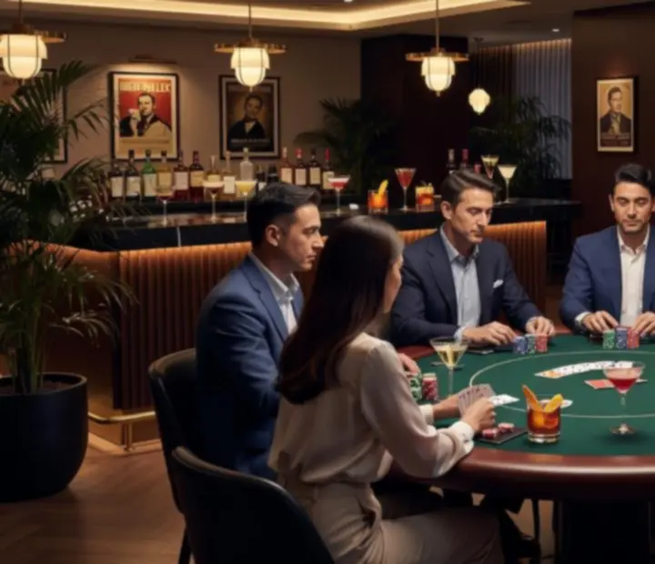 Pokerový večer v Metro Casina s hosty u stolů v moderní lounge atmosféře.