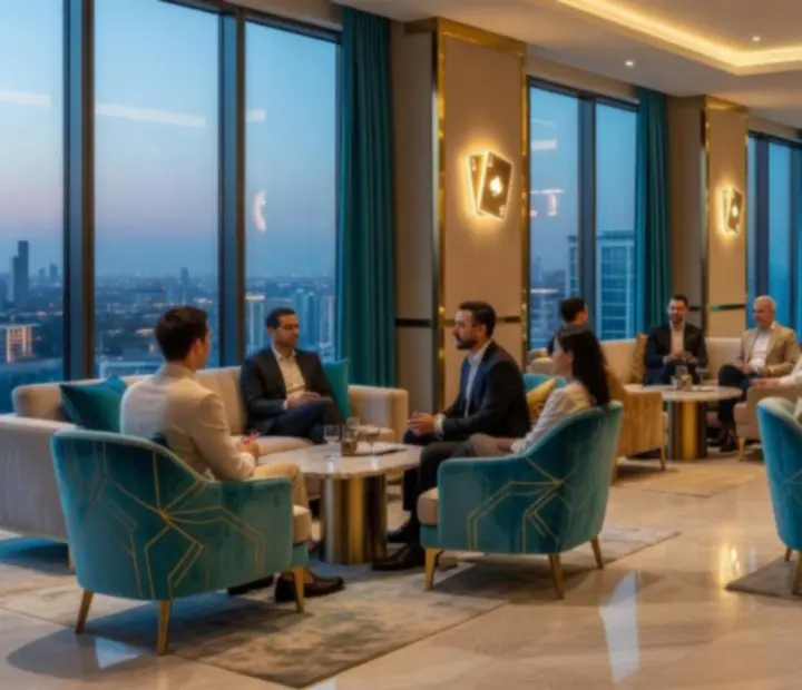 Moderní casino lounge interiér s tyrkysovými akcenty a béžovými sekcemi